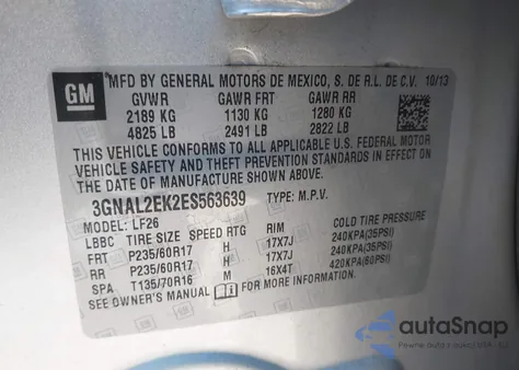 2014 Chevrolet Captiva Sport 2Ls z USA, uszkodzony, nr VIN 3GNAL2EK2ES563639